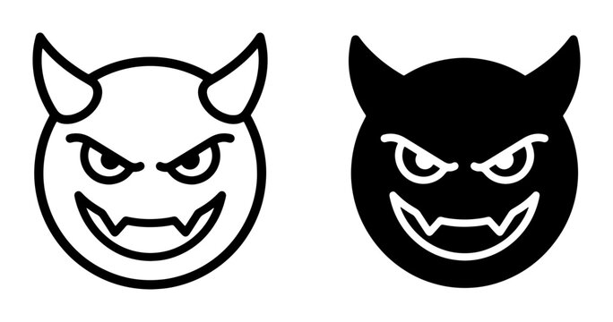 Evil Devil Face Icons, Spooky Demon Head Symbols, Scary Monster Emblems, Halloween Character Graphics, Black and White Vector Art