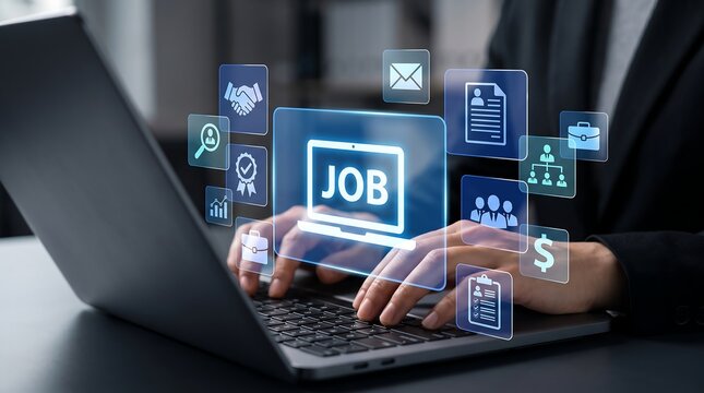 Online Job Search and Recruitment Concept with Professional Typing on Laptop featuring Digital Hiring Icons for Career Human Resources Management