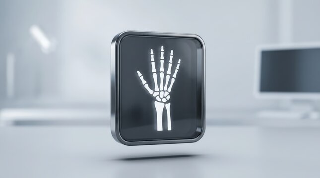 Hand X-ray 3D icon with glowing bone symbol on metallic badge floating in modern clinic office for medical radiology app and healthcare technology