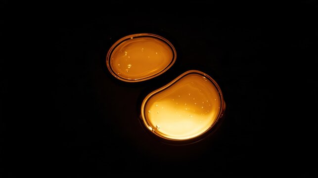 temperature. Two droplets of molten colored glass merging on a dark surface. STEM education sheets, lab safety posters, designed for biotech research communications, used by devops engineers.