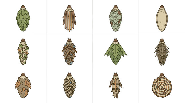 Vector illustration of a bagworm moth chrysalis case, showing the protective cocoon made of silk and plant debris characteristic of the Psychidae family, isolated on white background.