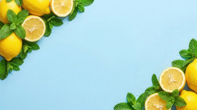 Lemon and mint flat lay background with fresh citrus slices, leaves and copy space for summer food and drink recipe