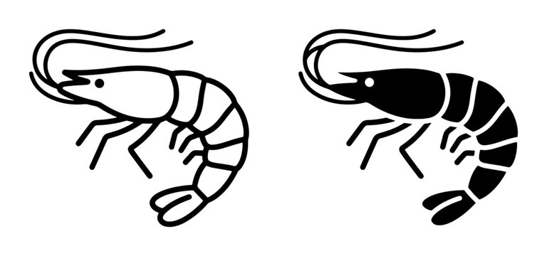 Two Shrimp Icons: Outline and Silhouette, Seafood Vector Graphics for Culinary and Marine Themes