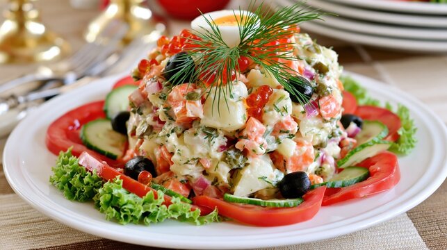 A delightful salad presentation features fresh vegetables and a creamy mixture of ingredients.