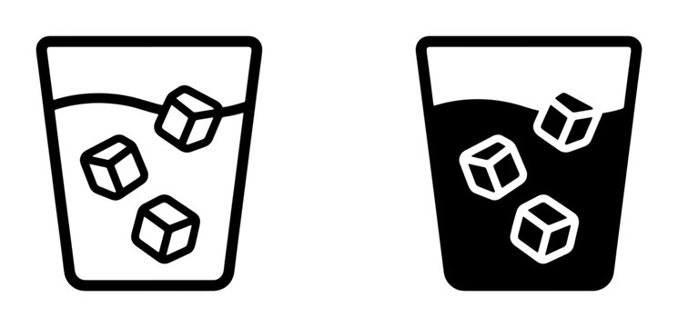 Two simple vector icons of drinks with ice cubes, one outlined and one solid black, representing refreshment and beverage concepts.