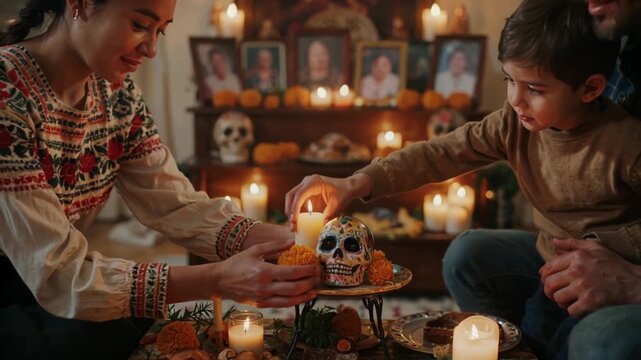 Parents and child arranging a decorative skull and candles at a Day of the Dead ofrenda