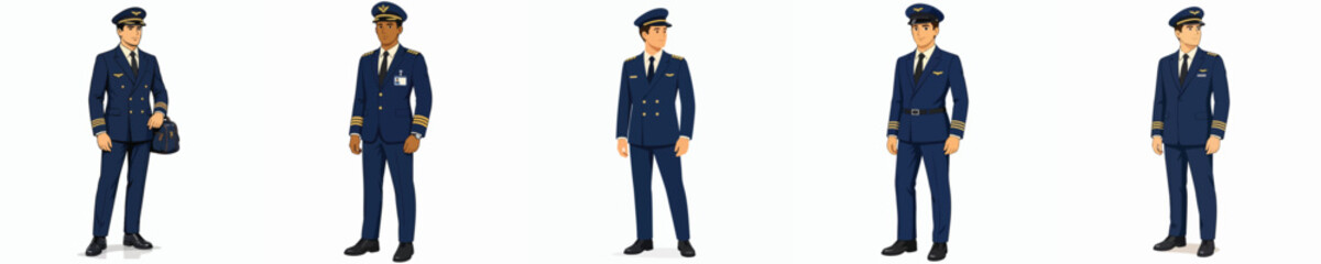 Obraz premium Vector illustration of a uniformed pilot against a white background.