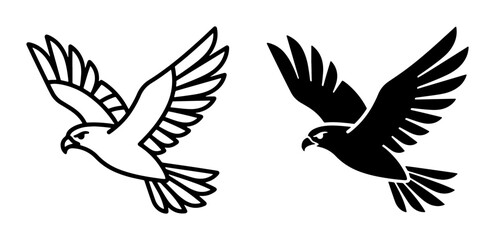 Fototapeta premium Vector Icons of a Bird of Prey in Flight, Outline and Silhouette Styles, Symbolizing Freedom, Power, and Nature