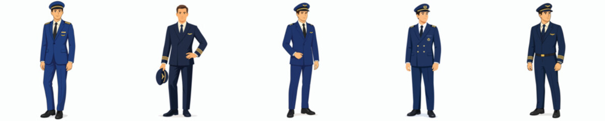 Obraz premium Vector illustration of a uniformed pilot against a white background.