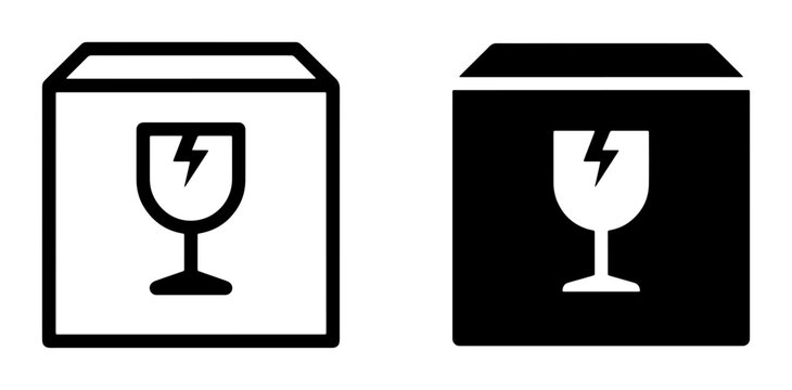 Fragile Shipping Icons, Two Vector Graphics for Package Handling and Delivery Safety, Black and White Symbols for Logistics and Warehousing