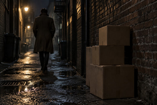 Cardboard boxes in dark alley with person walking away, urban smuggling concept