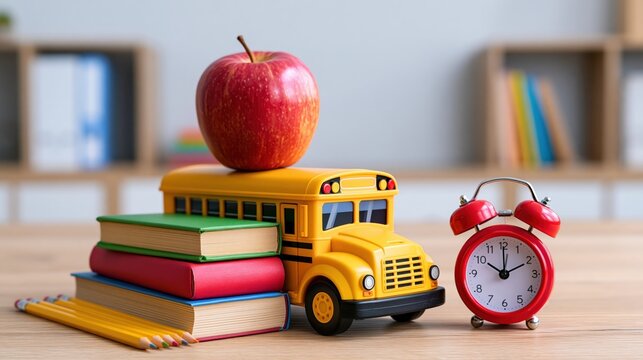 A bright red  rests atop a yellow toy bus beside a stack of books and an alarm clock.