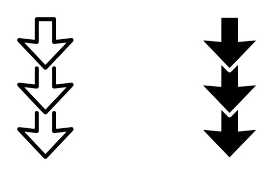 Three Downward Arrows Set, Simple Vector Icons for Download, Decrease, or Negative Trend Indicators, Black and White Outline Graphics
