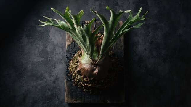Staghorn Fern Plant Mounted on Dark Rustic Wooden Board