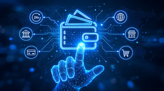 Digital wallet concept featuring glowing neon interface with financial icons and futuristic touch interaction for online banking, cryptocurrency, and secure mobile payments