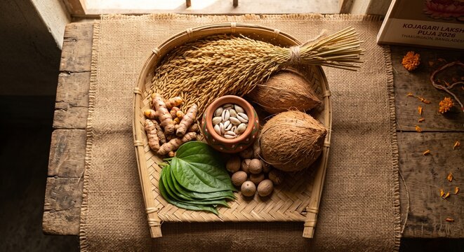 Traditional Bengali Kula Setup with Paddy Sheaves, Coconuts, Betel Leaves, Cowrie Pot, and Raw Turmeric for Kojagari Lakshmi Puja