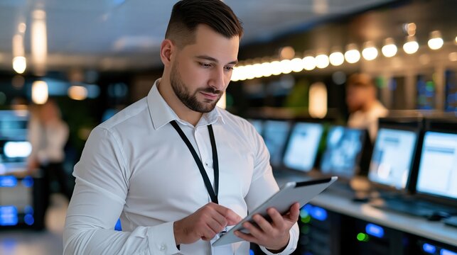 Professional technician using a digital tablet in a control room environment.