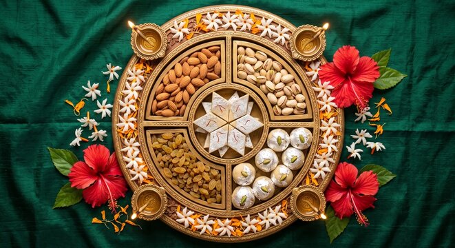 Traditional Indian Festive Sweet and Dry Fruit Platter with Kaju Katli, Ladoo, Nuts, Diyas, and Red Hibiscus Flowers for Diwali and Lakshmi Puja