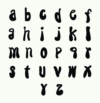 Cute groovy bold hand-drawn lowercase font design featuring wavy bubble alphabet letters a to z vector illustration. Playful handwritten typography set for creative poster and branding projects.