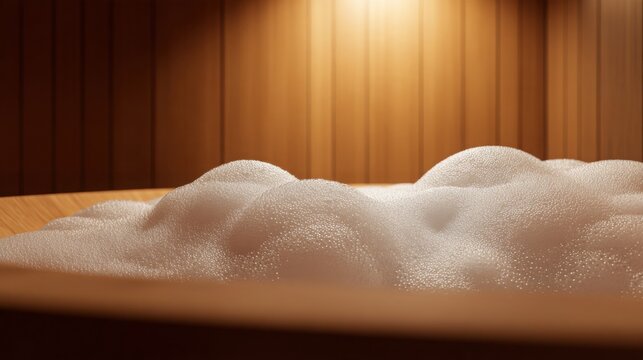 Luxury wellness interior in close up, a deep stone soaking tub filled almost completely with abundant thick white foam, a few subtle bubbles rising
