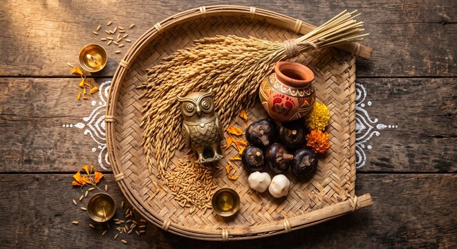Traditional Bengali Kojagari Lakshmi Puja Items in Kula with Golden Paddy Ears, Brass Owl, Clay Kalash, Water Chestnuts, and Alpana