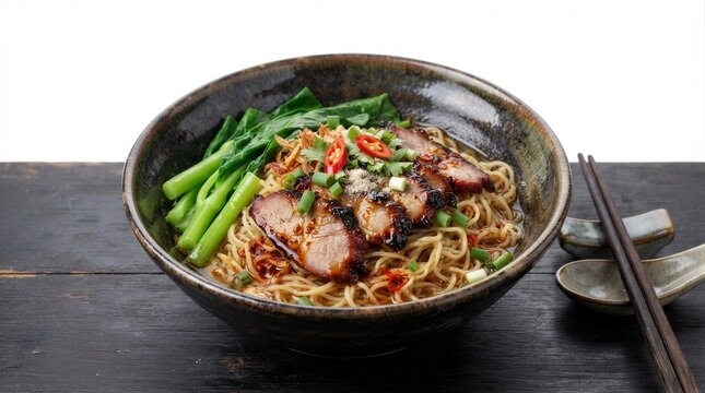 Bowl of noodles with roasted pork and greens on wooden table