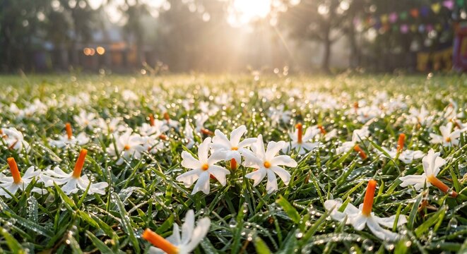 Fallen Shiuli Flowers on Dewy Green Grass at Sunrise, Autumn Morning Durga Puja Agomoni Concept   