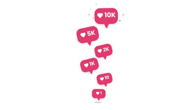 Social media like counter animation with red heart notification bubbles stacking from 1 to 10K on white background