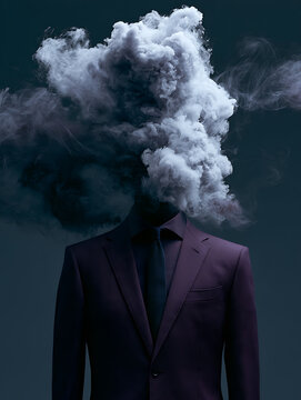 Dark plum suit, large storm-cloud head