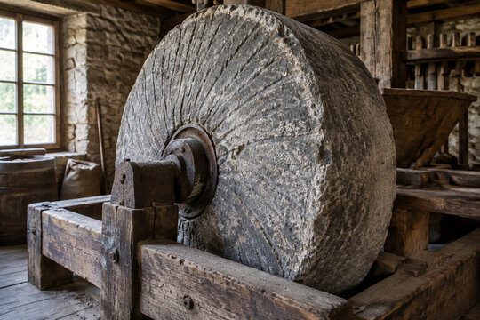 An ancient stone mill wheel with chisel marks in an old mill.
