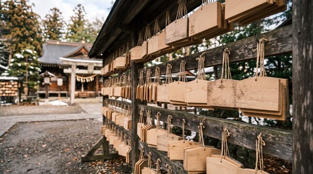 Blank wooden ema prayer plaques hanging at a Japanese shinto shrine in winter