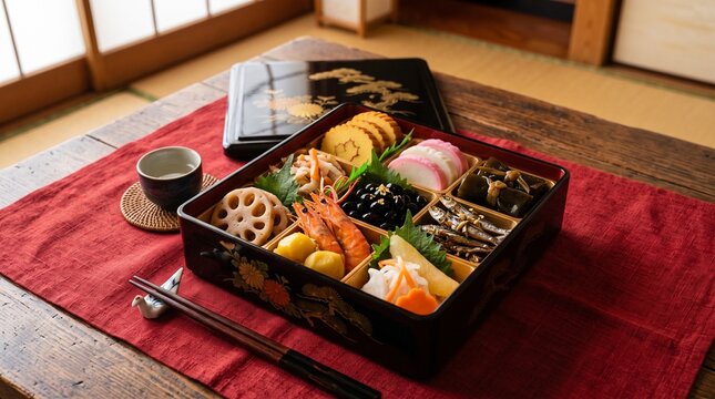 Japanese osechi new year food in a black lacquered box on a red cloth