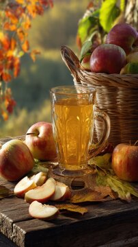 photorealistic rustic still life, clear glass filled with freshly pressed golden apple juice, basket of red and green apples surrounding the glass