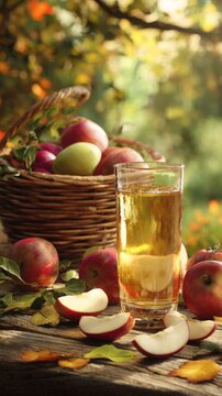 photorealistic rustic still life, clear glass filled with freshly pressed golden apple juice, basket of red and green apples surrounding the glass