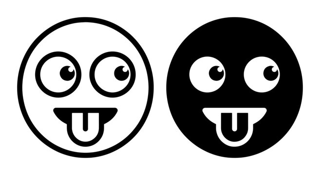 Silly Face Vector Icons, Goofy Expression Emoticons, Crazy Eyes Tongue Out Symbols, Black and White Graphic Elements