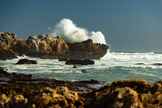 crashing waves hitting Kammabaai Beach  rocks, Hermanus, South Africa