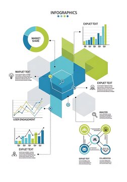 Geometric Insights Grid: A bright, vector infographic presenting data flow with clean blue-green hexes and clear business charts.