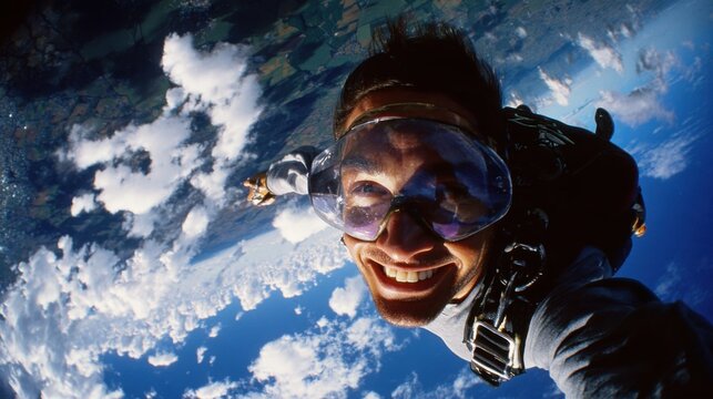 spectacular first person style photograph of a skydiver smiling during free fall, reflective goggles showing clouds, parachute equipment visible