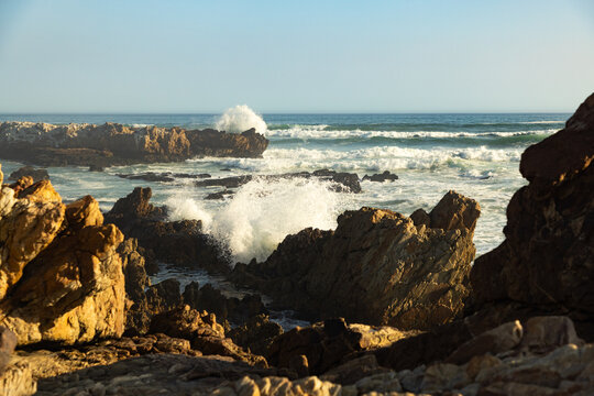 crashing waves hitting Kammabaai Beach  rocks, Hermanus, South Africa