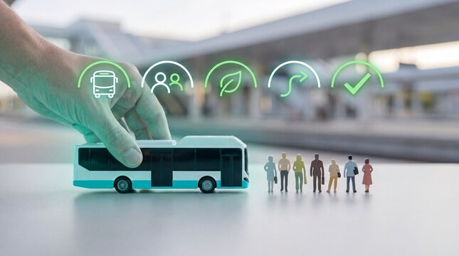 A hand placing a toy bus near small figures with digital transport with hand positions miniature