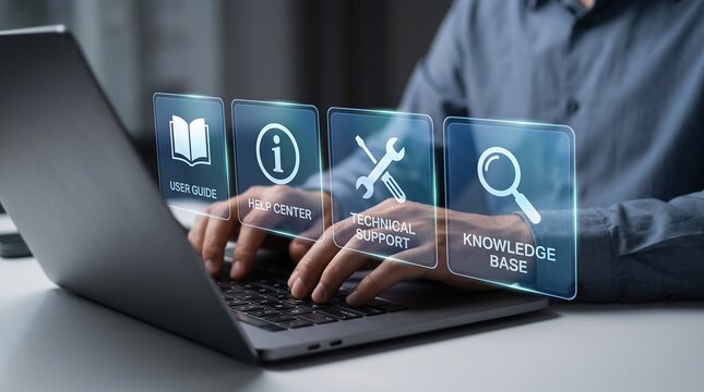 Business Professional Using Laptop with Technical Support Help Center User Guide and Knowledge Base Holographic Interface for Web Customer Service