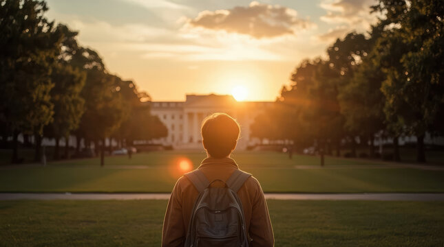 University admission dream student backpack facing campus sunset