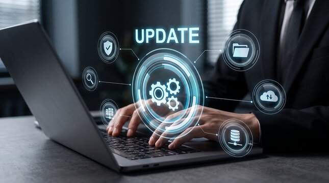 Professional Businessman Using Laptop for Software System Update Process with Futuristic Interface Icon Overlay for Technology Corporate Header Banner
