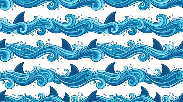 Seamless pattern with shark fins and blue ocean waves wallpaper.