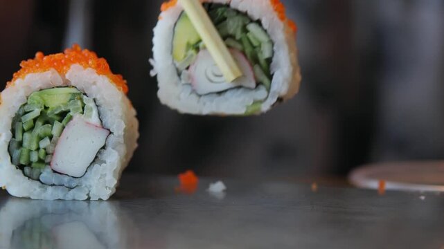 Sushi preparation with fresh ingredients at a local restaurant