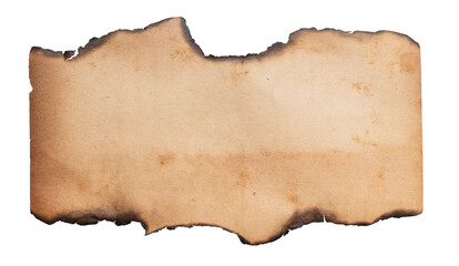 Fototapeta premium Old burnt paper piece with charred edges isolated on transparent background. Vintage parchment banner texture template for design mockup