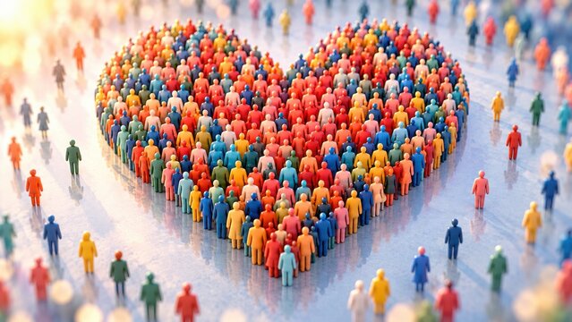Vibrant crowd of tiny diverse people figures standing together to form large heart shape for community love.