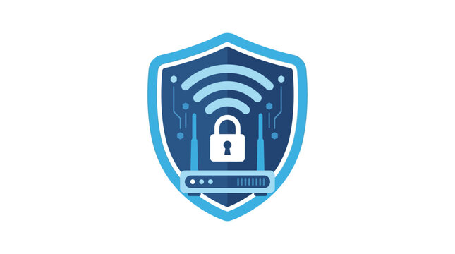 Secure Wi-Fi network and wireless router protected with a blue cybersecurity shield concept icon