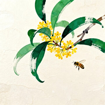 Chinese Ink Painting of Osmanthus and Bee