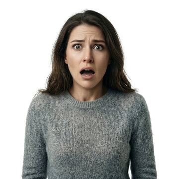Woman startled portrait isolated 38 year old caucasian female wearing soft grey knit sweater on a transparent background